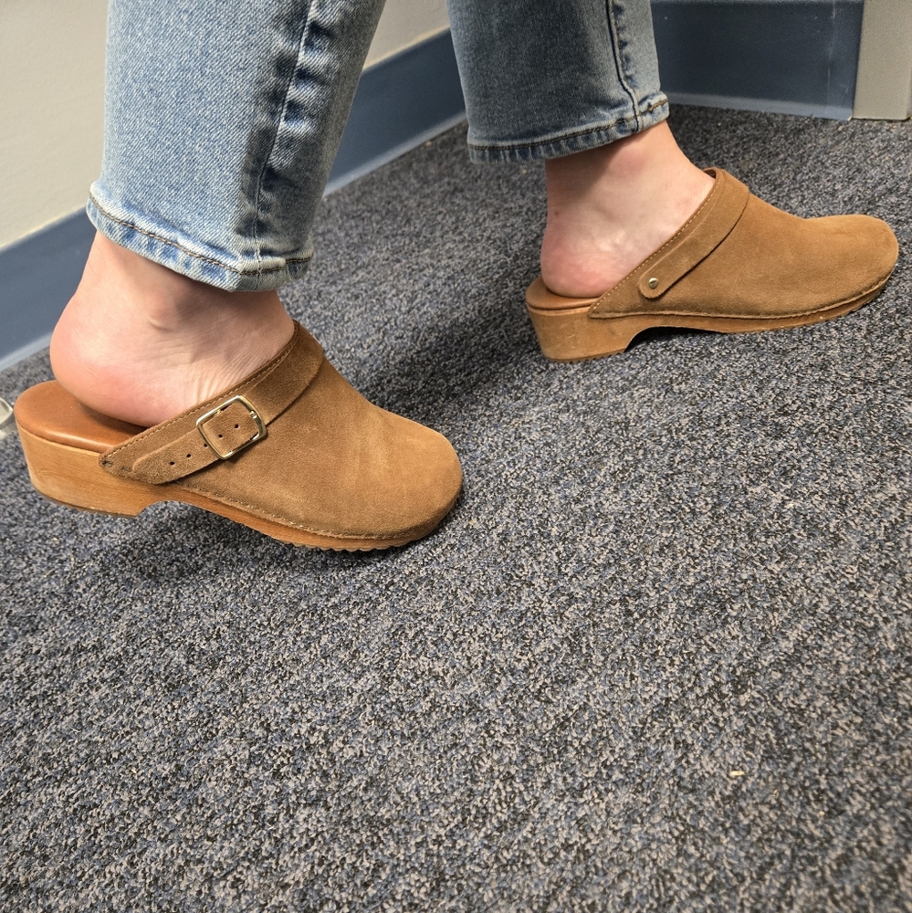 Anthropologie Suede Clog Mules in Cognac Tan